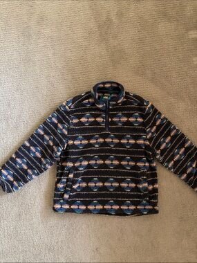 Men's Half-Zip Sherpa Pullover - Black with Blue & Tan Pattern